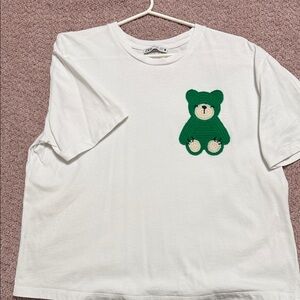 Zara White Tee with Green Teddy Design